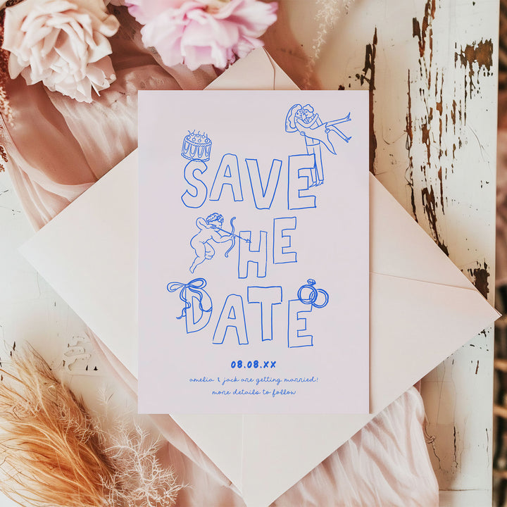 Blue Hand Drawn Style Save The Date