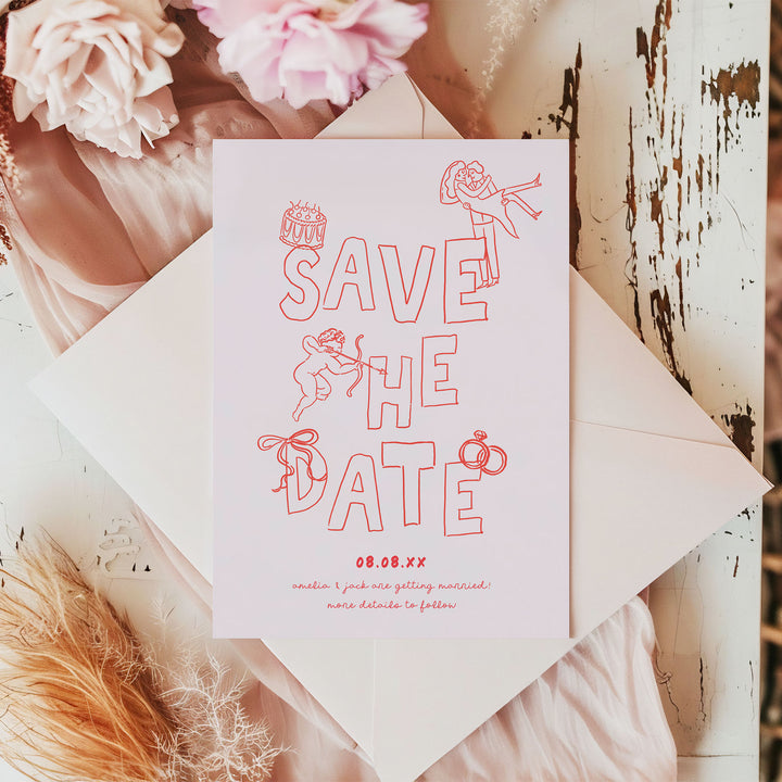 Red Hand Drawn Style Save The Date