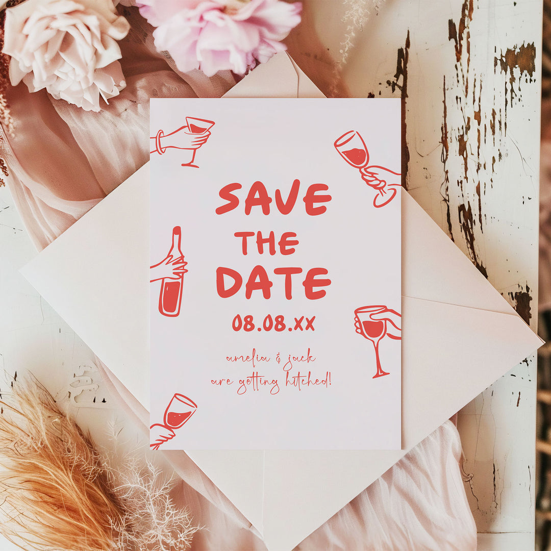 Doodle Red Wine Glass Save The Date