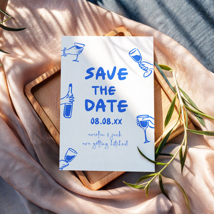 Doodle Blue Wine Glass Save The Date