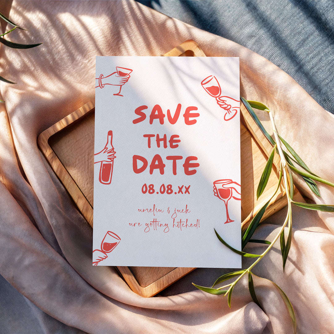 Doodle Red Wine Glass Save The Date