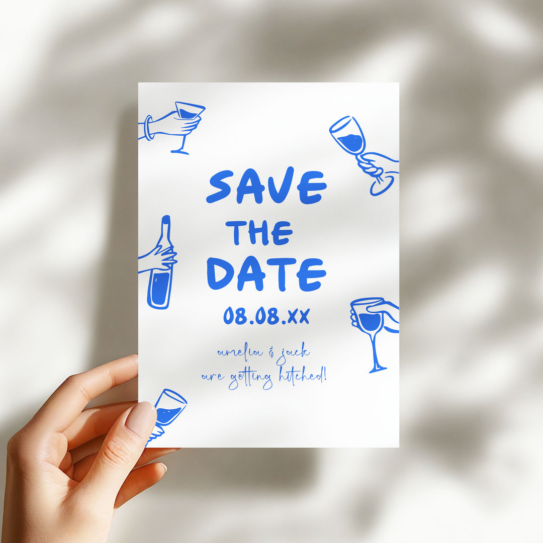 Doodle Blue Wine Glass Save The Date