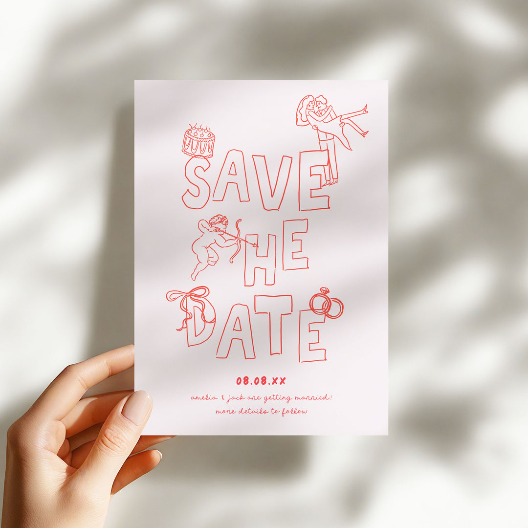 Red Hand Drawn Style Save The Date