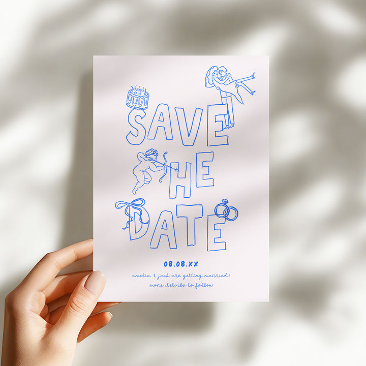 Blue Hand Drawn Style Save The Date