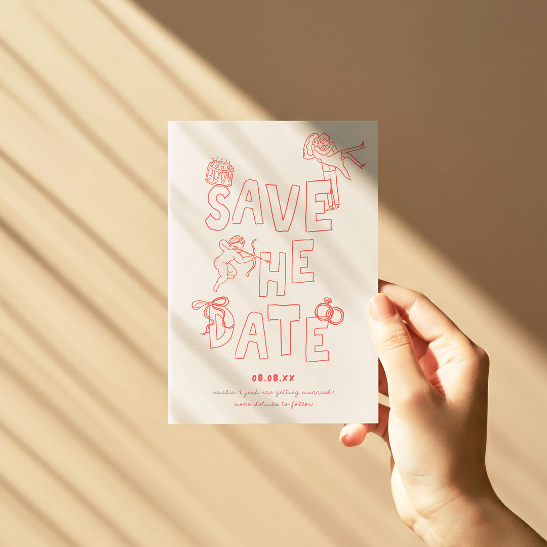 Red Hand Drawn Style Save The Date