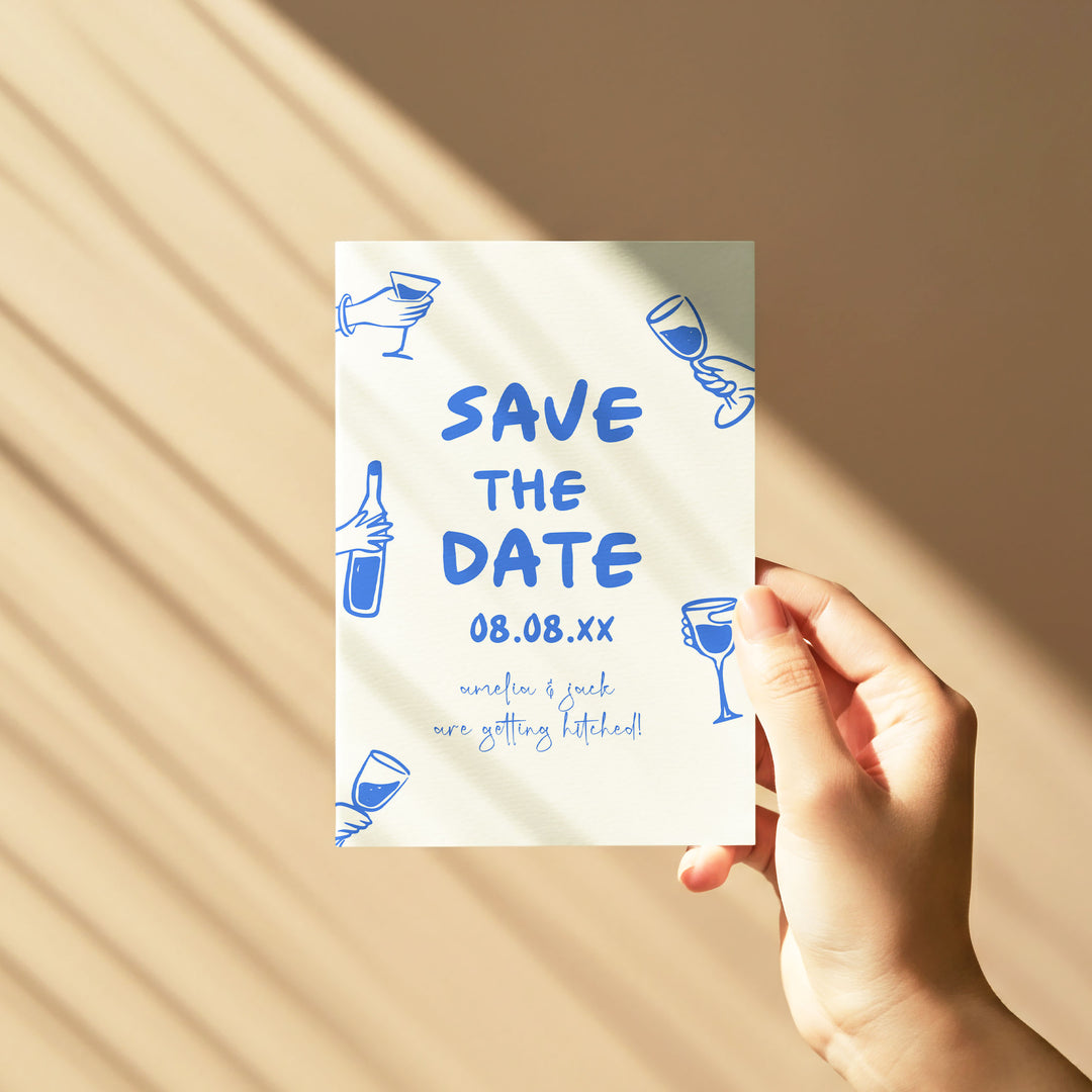 Doodle Blue Wine Glass Save The Date