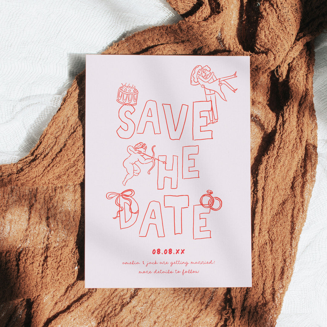 Red Hand Drawn Style Save The Date