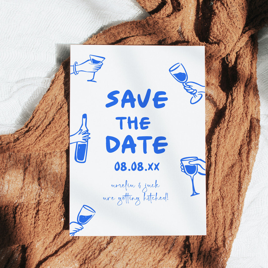Doodle Blue Wine Glass Save The Date