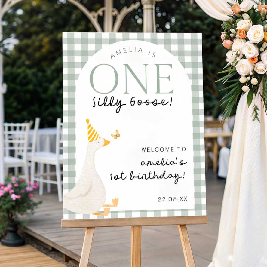 One Silly Goose Green Welcome Sign