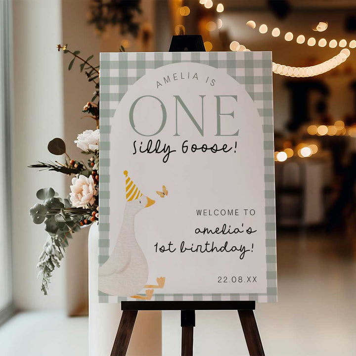 One Silly Goose Green Welcome Sign