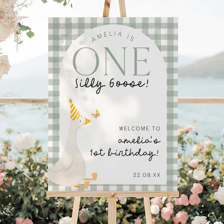 One Silly Goose Green Welcome Sign