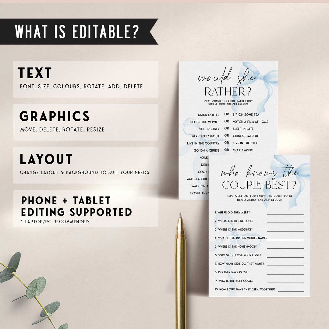 100 Editable Something Blue Bridal Games