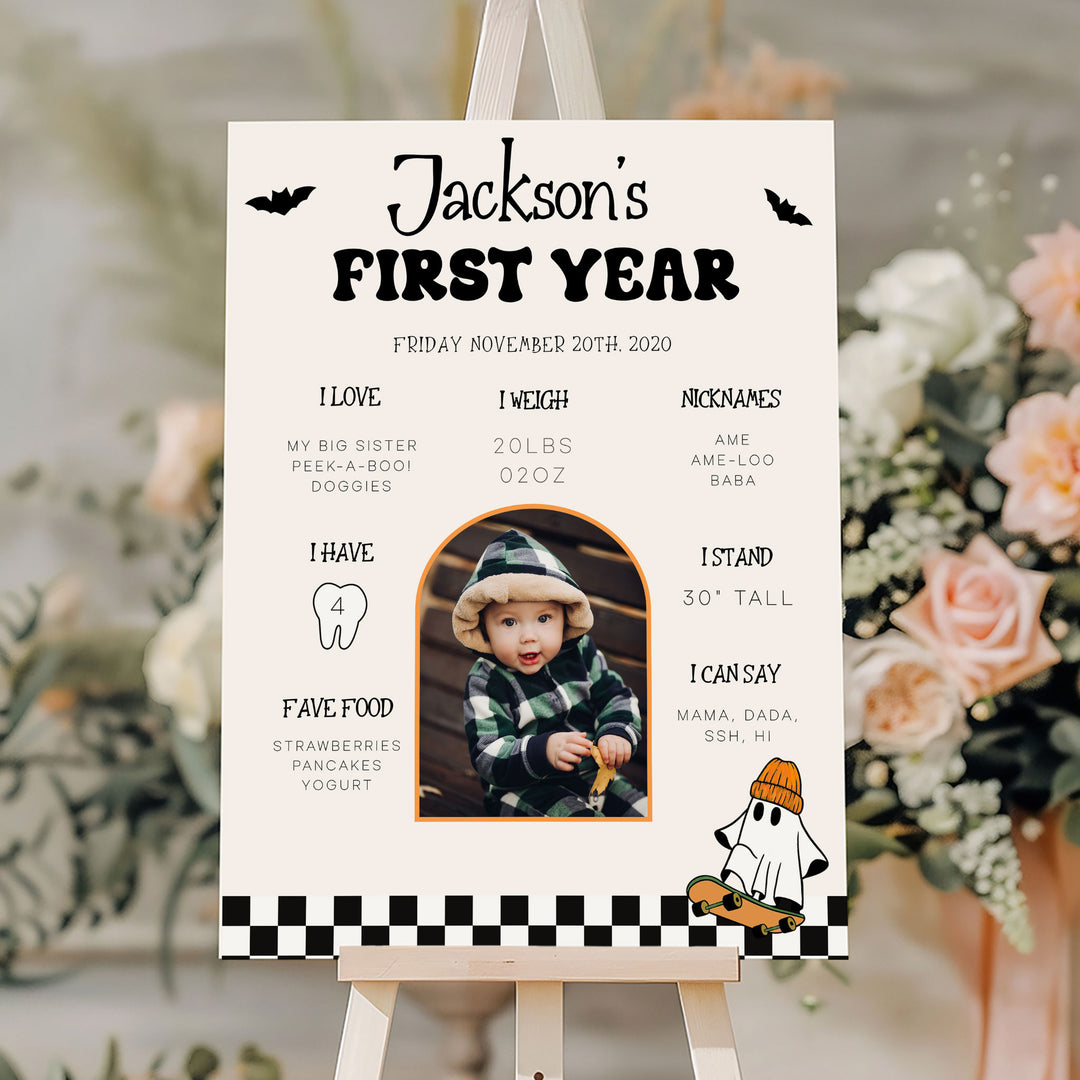 Halloween milestone board for toddler boy, includes baby favorites, speech milestones, and cute seasonal illustrations.