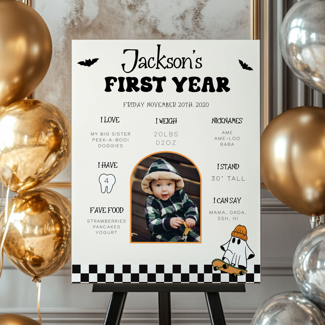 Spooky-themed birthday stat board with photo and checker print, great decor for pumpkin patch parties or Halloween birthdays.