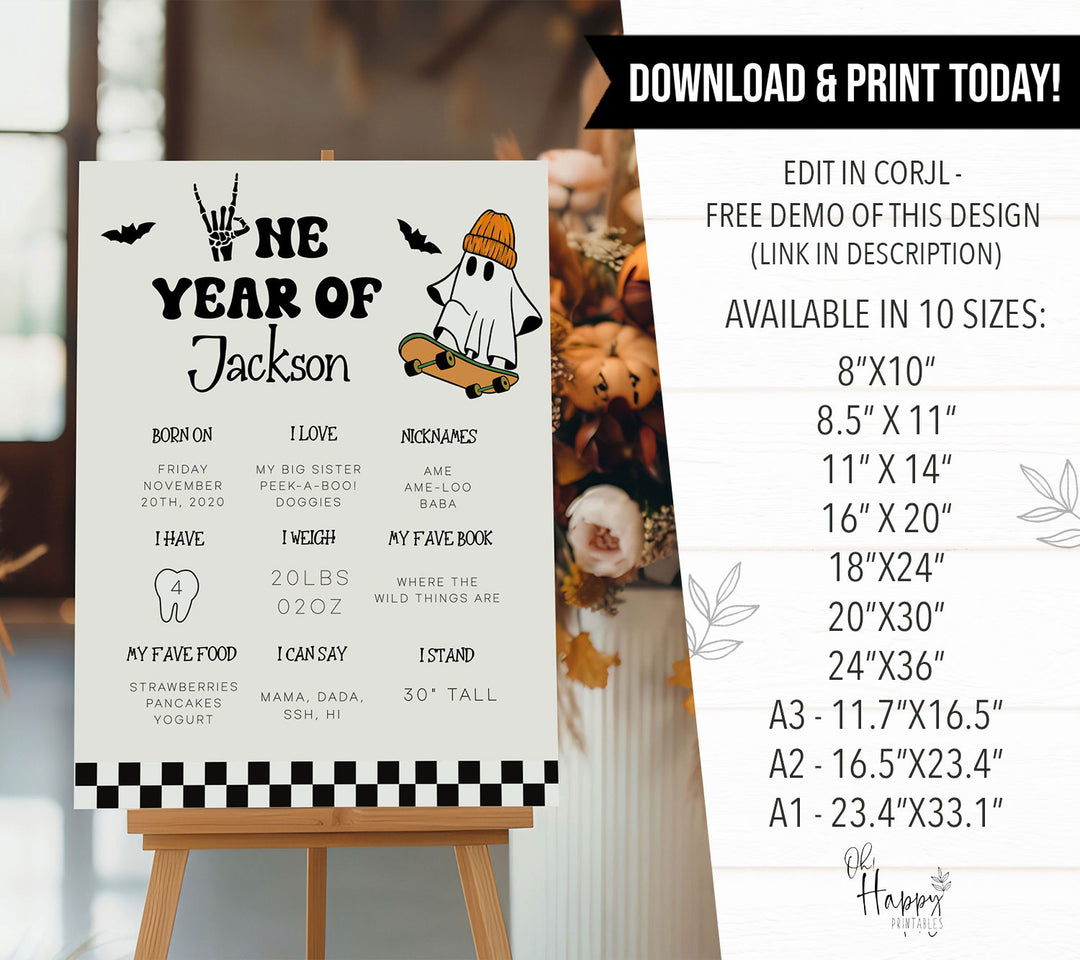 Personalized first birthday decor for boys or girls, styled with a ghost on a skateboard, perfect for October milestone parties.