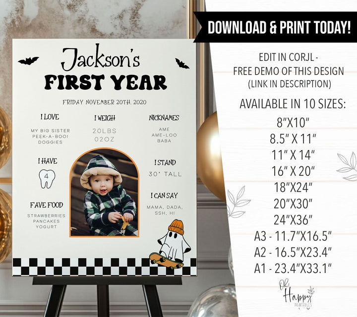 Personalized fall baby birthday board with ghost on skateboard, includes tooth count, weight, and baby’s first words.