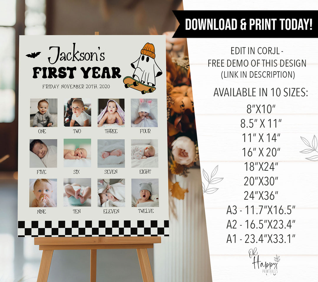 Custom 12-month baby photo board featuring Halloween theme, ideal for celebrating baby's growth and milestones.