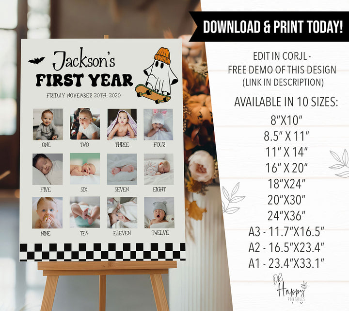 Custom 12-month baby photo board featuring Halloween theme, ideal for celebrating baby's growth and milestones.