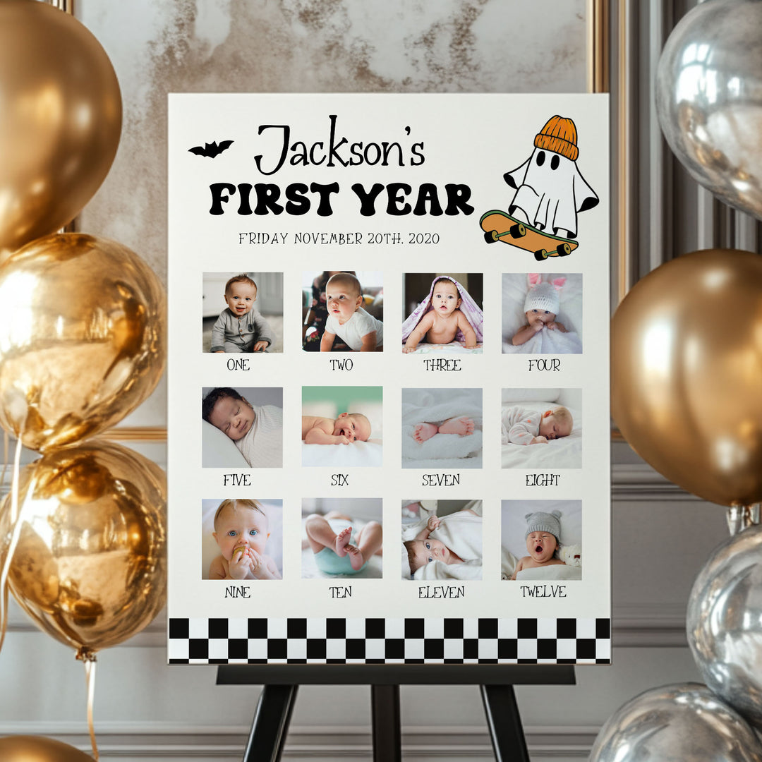 One year photo collage sign for baby boy with monthly images, fall party backdrop, and black and orange ghost design.
