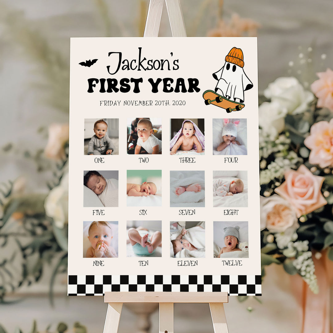 Halloween-themed baby milestone board with gold and silver balloons, perfect for fall first birthday celebrations or keepsakes.