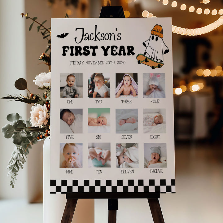 Spooky milestone photo poster with checkerboard trim and bat accents, features baby’s photo progression month by month.