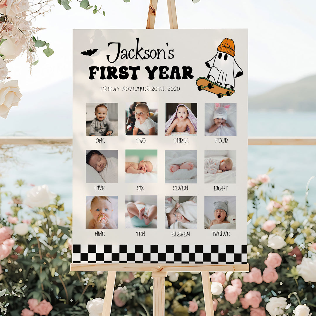 Editable baby photo display board with cute Halloween details, great for party decor or nursery memory wall.