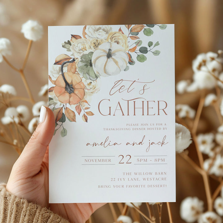 Rustic and classy Thanksgiving dinner invite with watercolor florals, pumpkins, and leafy accents.