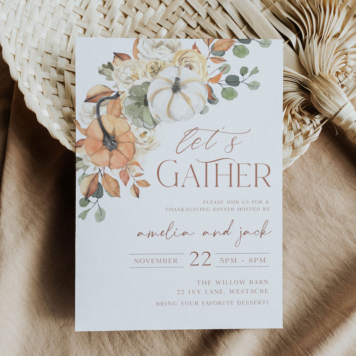 Holiday dinner party invitation for November 22, styled with warm earthy tones and hand lettering.