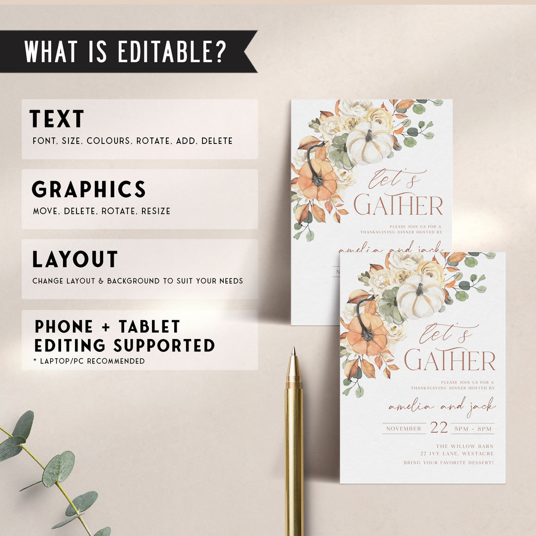 Let's Gather Thanksgiving Watercolor Invitation