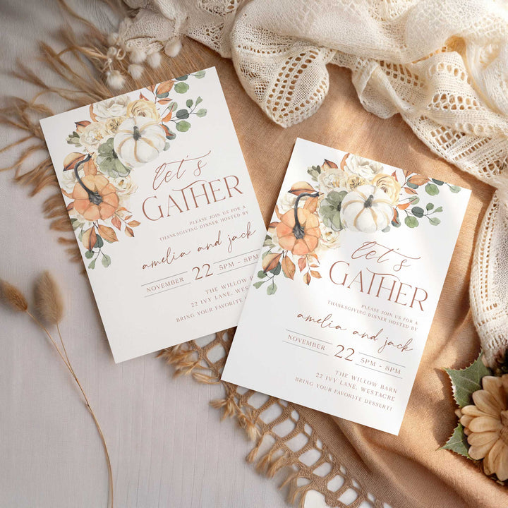 Cozy autumn-themed invitation card with pumpkins and roses, perfect for holiday gatherings with loved ones.