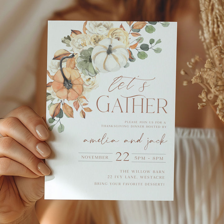 “Let’s Gather” Thanksgiving party invitation card with watercolor design, ideal for printable or digital invites.