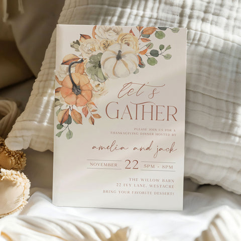 Stylish Thanksgiving invite with floral pumpkins and modern fonts, perfect for seasonal hosting and celebrations.