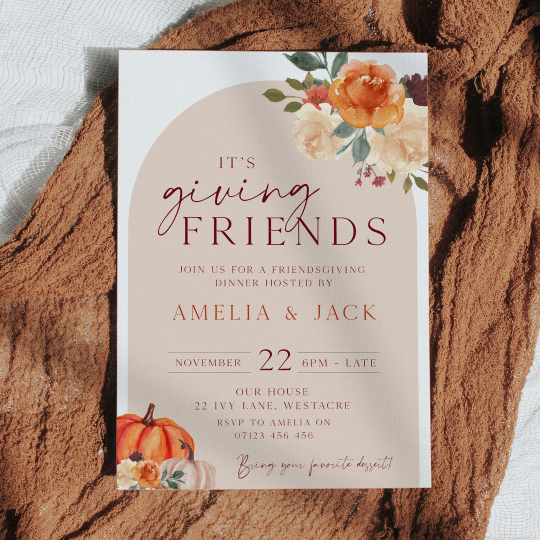 Autumn dinner invitation with handwritten and serif fonts, perfect for sending to friends celebrating Thanksgiving together.