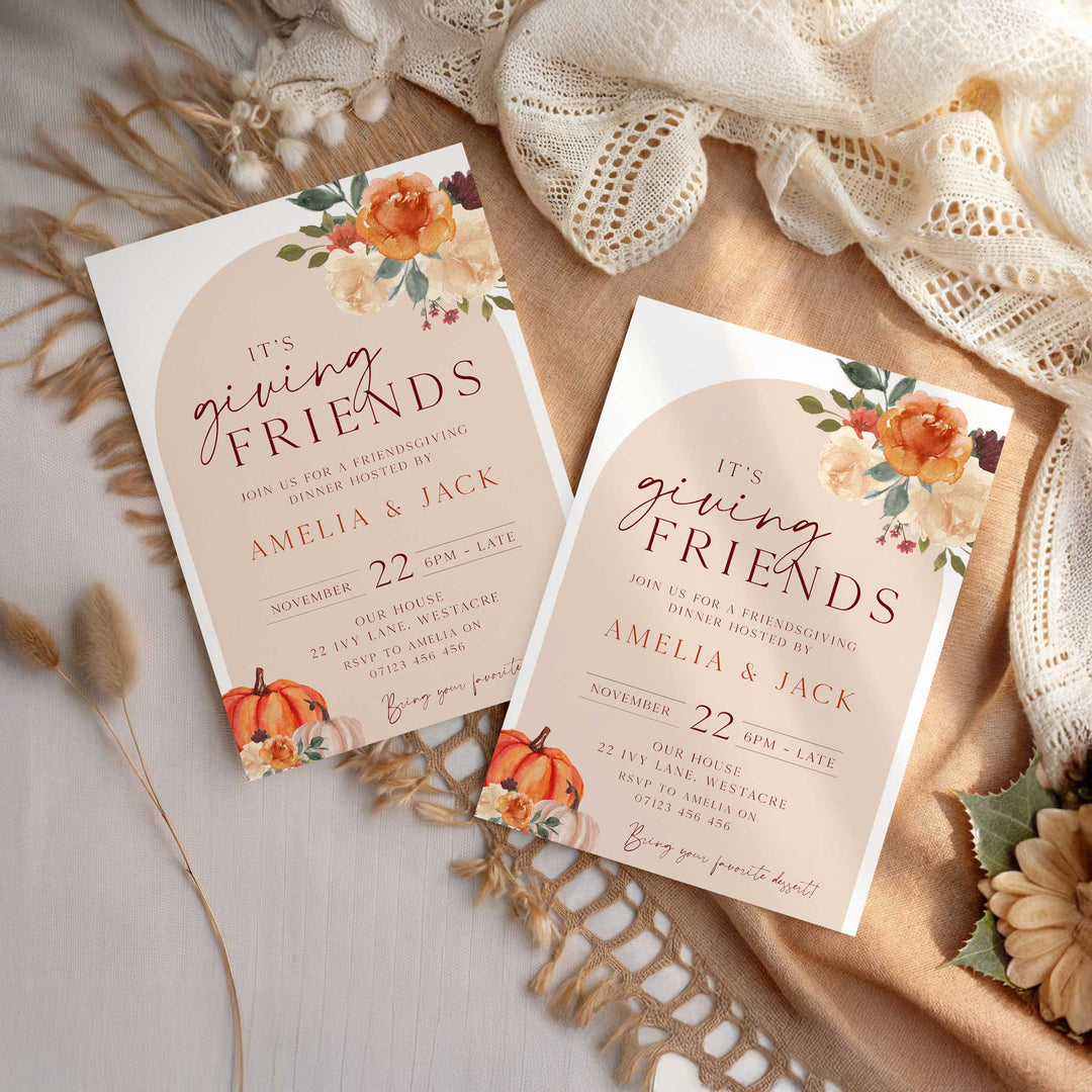 Customizable dinner party invitation for Friendsgiving, styled with modern neutral tones and fall-inspired decorations.