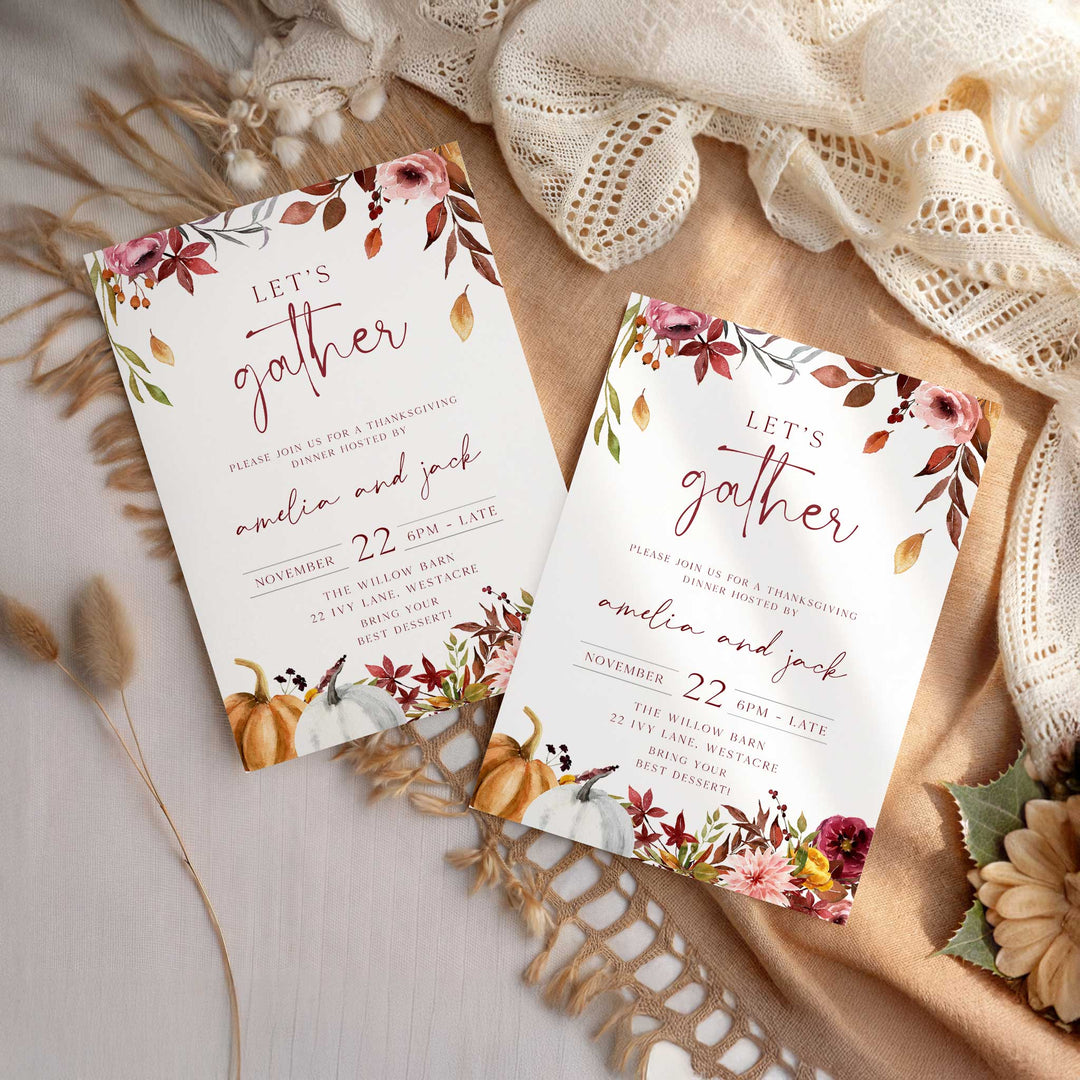 Whimsical and inviting Thanksgiving dinner invite for November 22nd with floral and pumpkin accents and RSVP details.