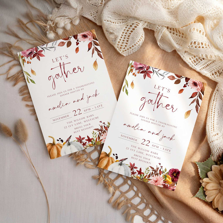 Whimsical and inviting Thanksgiving dinner invite for November 22nd with floral and pumpkin accents and RSVP details.