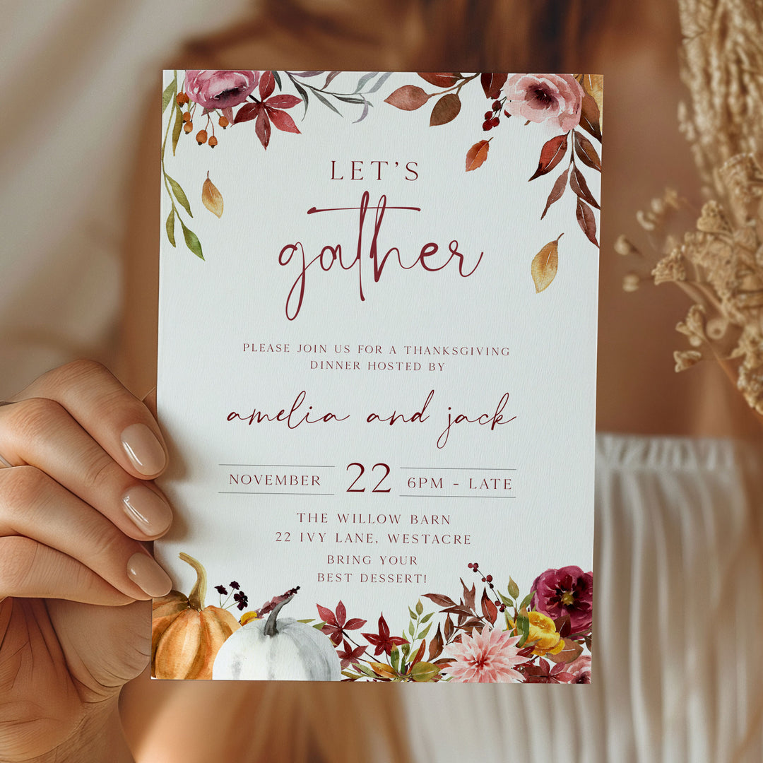 Seasonal invitation for a fall dinner party, styled with hand-painted illustrations and warm Thanksgiving tones.