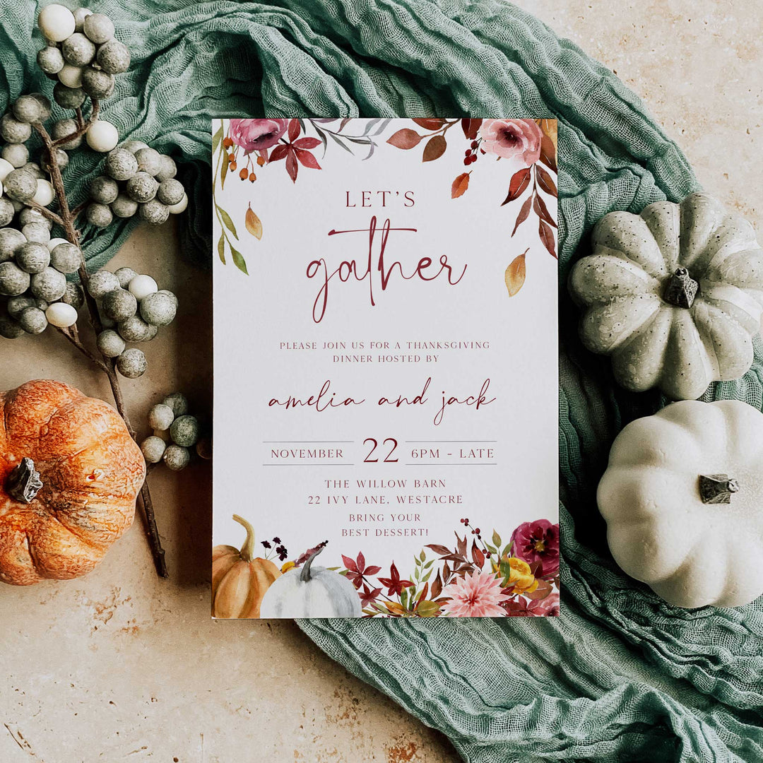 Let's Gather Thanksgiving Burgundy Invitation