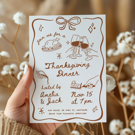 Hand-drawn Thanksgiving invitation card featuring festive icons like turkey, wine glasses, and dessert, ideal for holiday event planning.