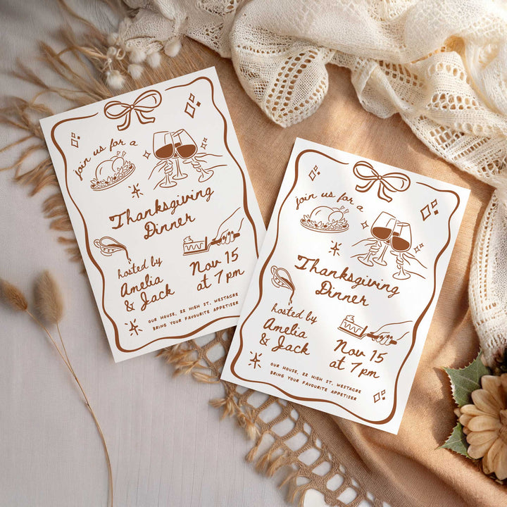 Elegant and simple Thanksgiving dinner invitation with rustic charm, designed for hosts looking to add a personal touch.