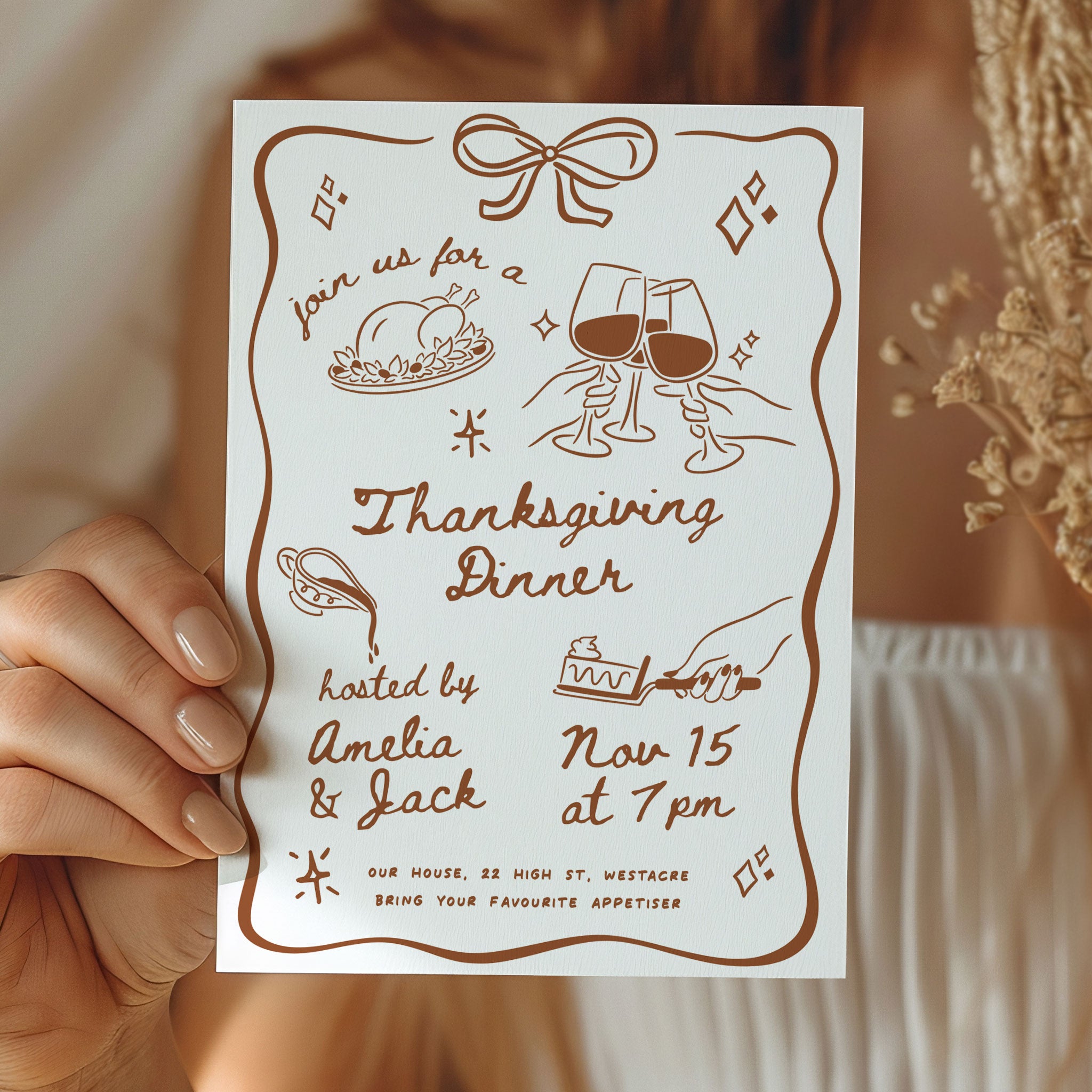 Printable party invitation for a Thanksgiving gathering, with charming graphics and handwritten details for a heartfelt feel.