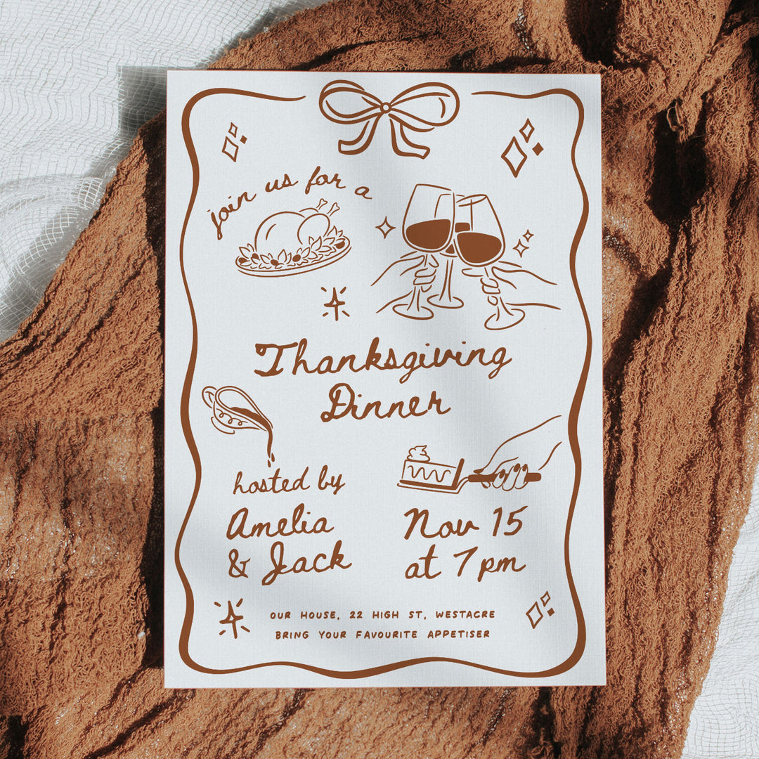 Artistic and welcoming Thanksgiving invite designed for home-hosted dinners, featuring casual and friendly visual elements.