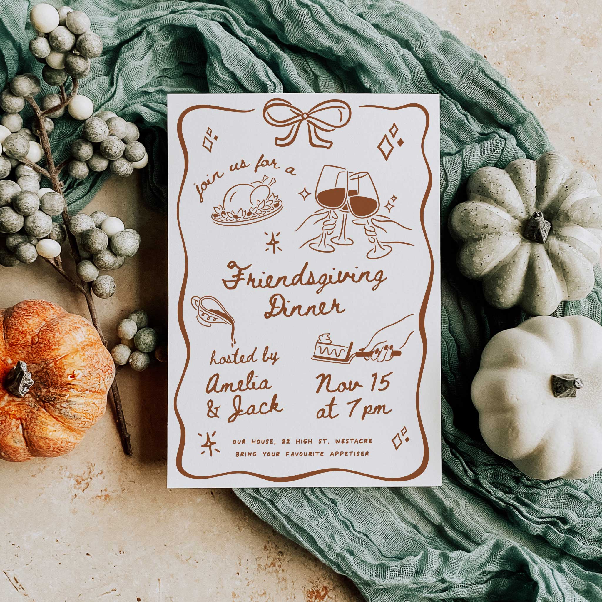 Rustic Friendsgiving dinner invitation with illustrated wine glasses and turkey, perfect for fall gatherings or Thanksgiving with friends.
