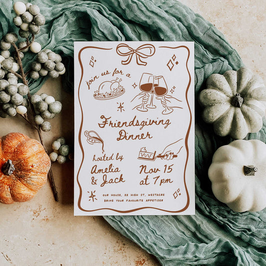 Rustic Friendsgiving dinner invitation with illustrated wine glasses and turkey, perfect for fall gatherings or Thanksgiving with friends.