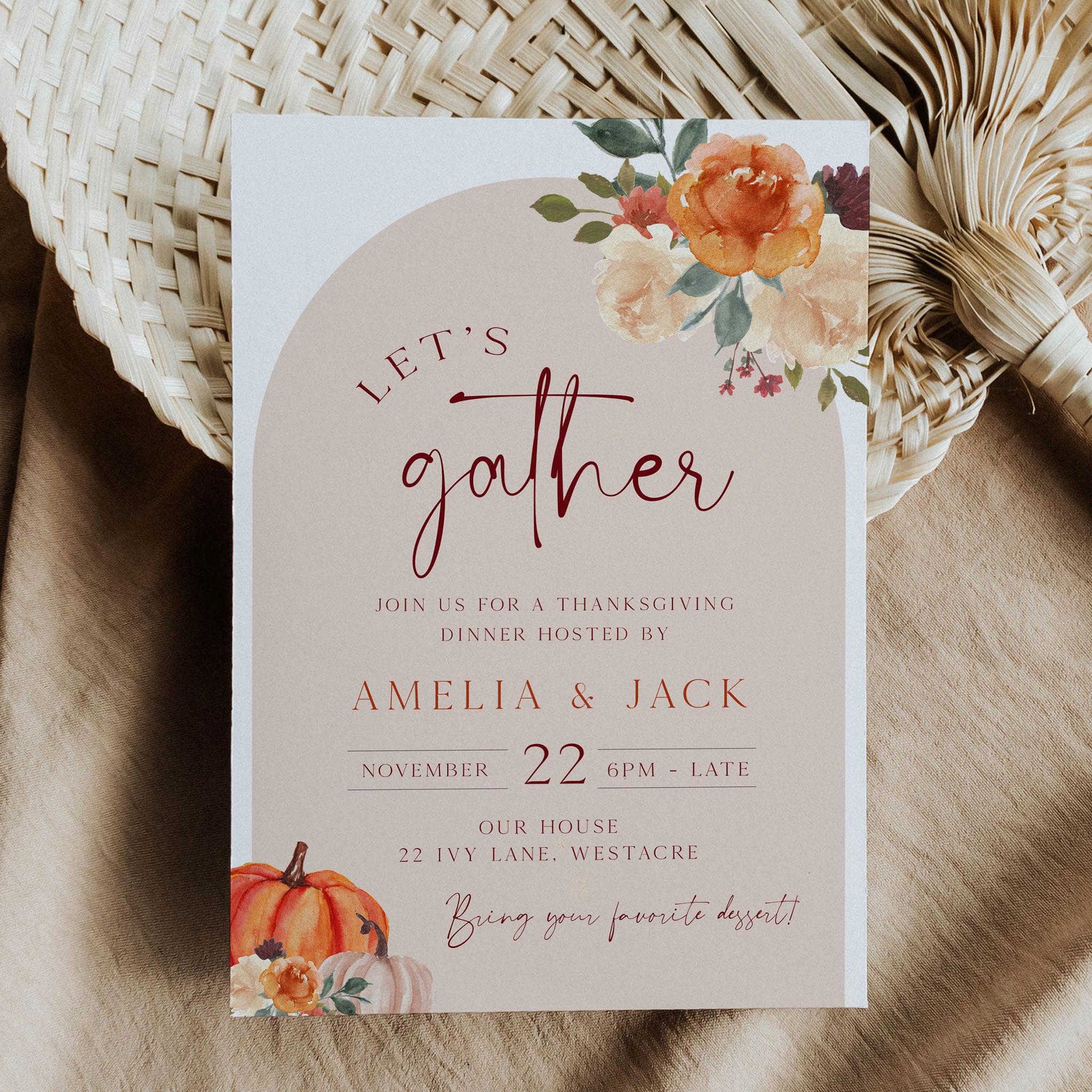 Minimalist Thanksgiving invitation for a dinner on November 22, hosted by Amelia & Jack, styled with warm earthy tones.