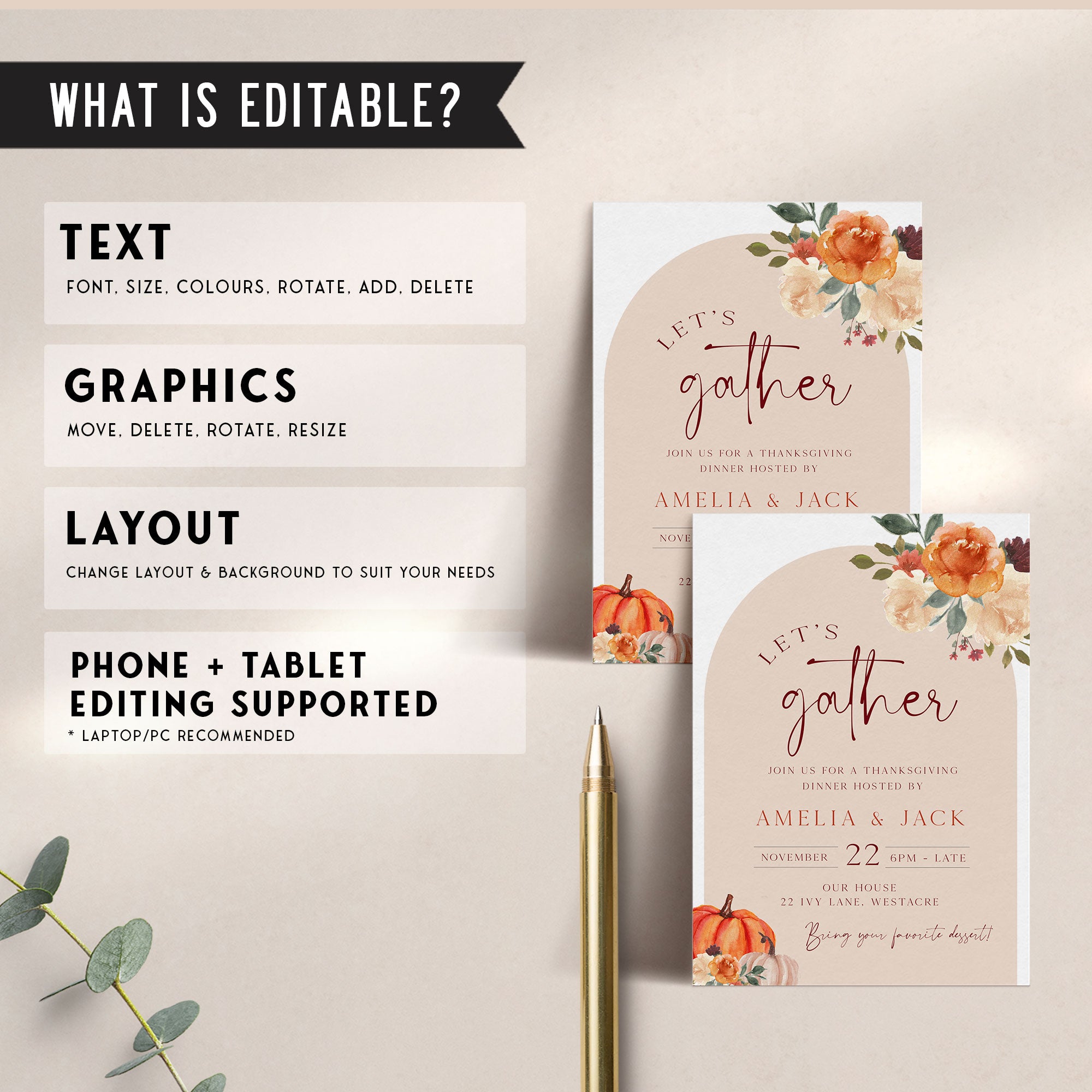 Autumn-themed invitation card featuring watercolor florals and pumpkins, ideal for home-hosted Thanksgiving events.