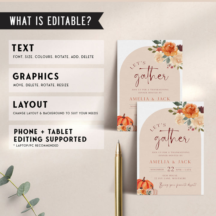 Autumn-themed invitation card featuring watercolor florals and pumpkins, ideal for home-hosted Thanksgiving events.