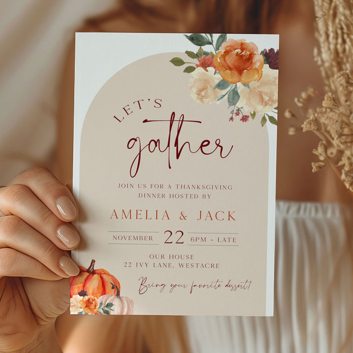 Modern Thanksgiving invite with cotton floral background and fall motifs, perfect for stylish seasonal entertaining.