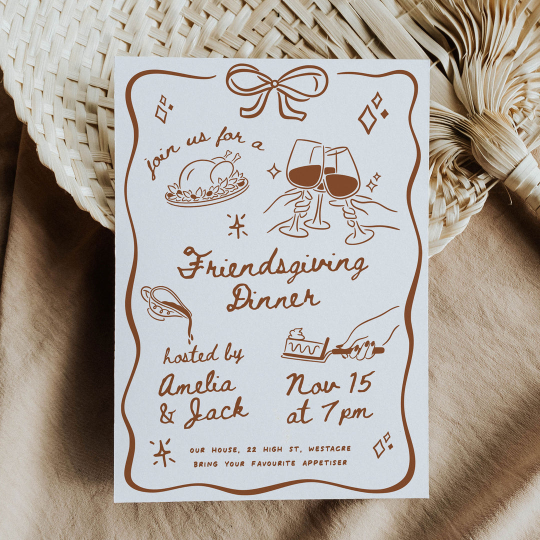 Whimsical fall dinner party invite with warm-toned drawings of turkey, wine, and dessert, designed for casual Friendsgiving hosting.
