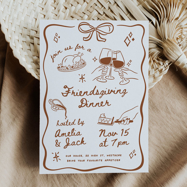 Whimsical fall dinner party invite with warm-toned drawings of turkey, wine, and dessert, designed for casual Friendsgiving hosting.